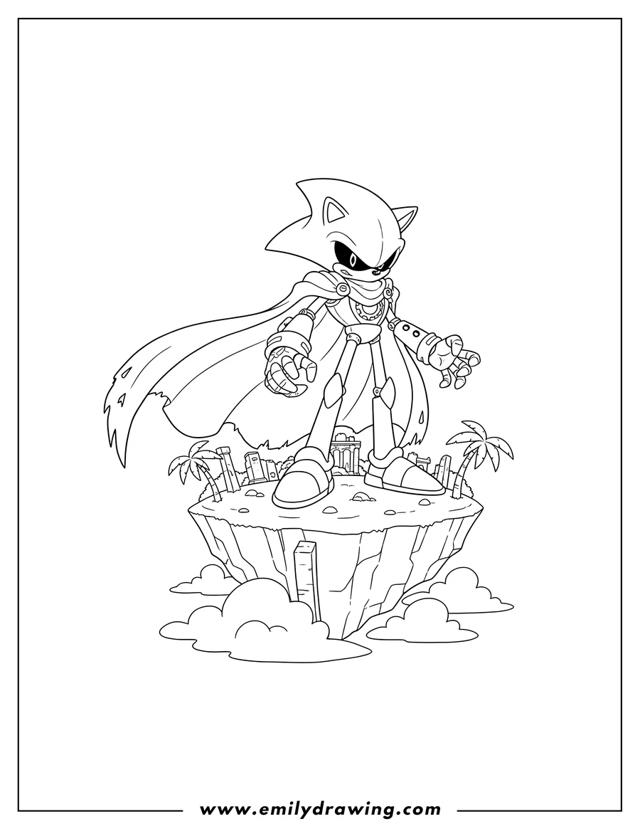 Outline drawing of neo Metal Sonic Standing Angel Island, in a menacing pose, wearing a long cloak