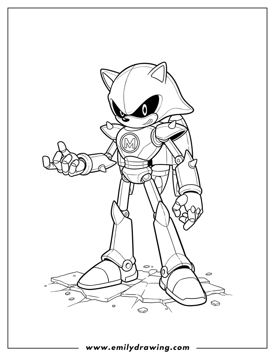 Printable line art of neo Metal Sonic standing with an open hand