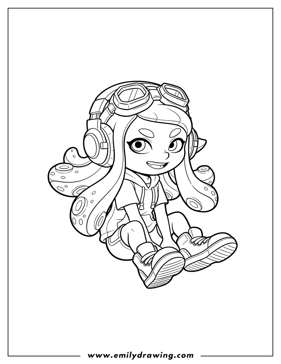 Black and white line art of neon Green Amiiba Inkling Girl sitting, wearing headphones and goggles