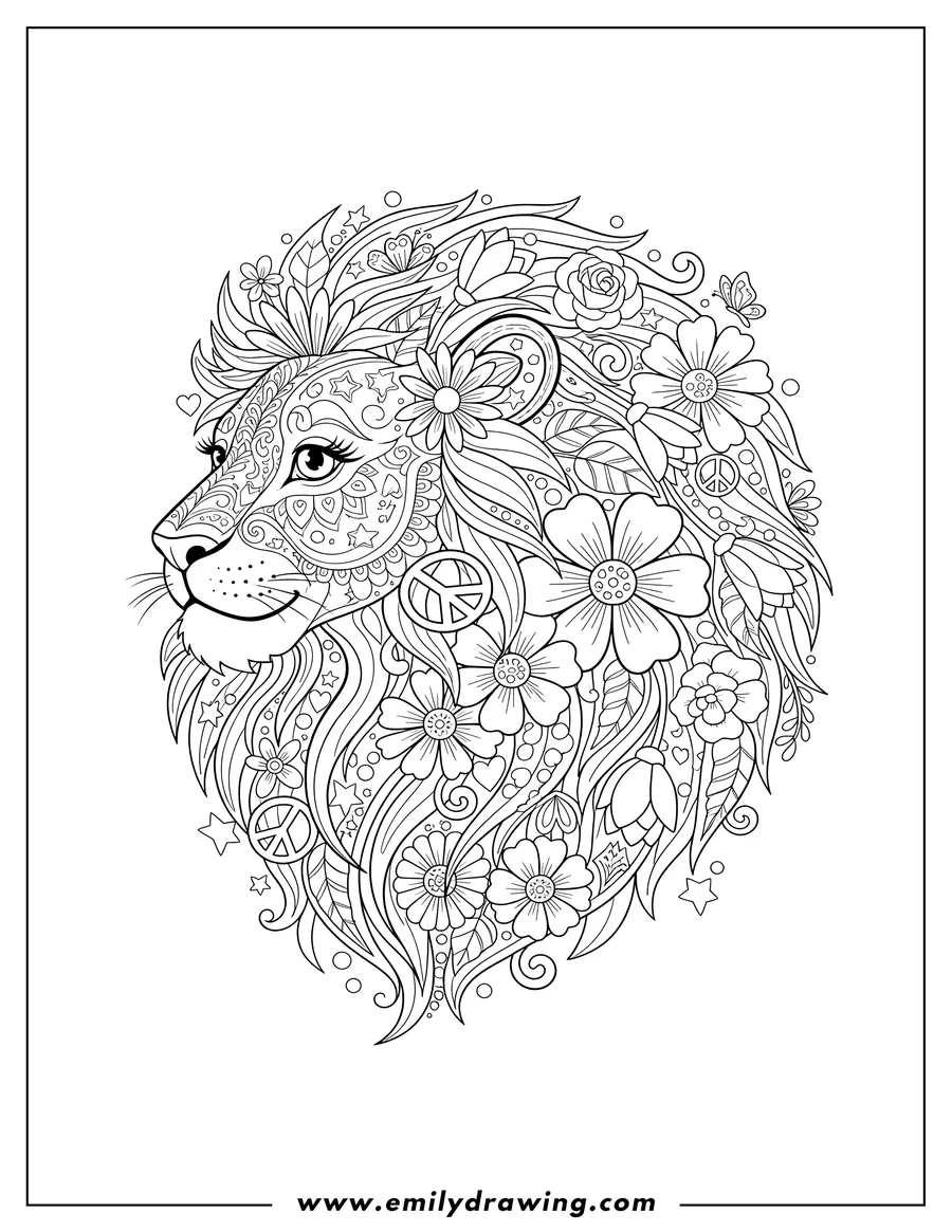 Coloring sheet featuring lisa Frank Neon Lion with a floral mane in profile