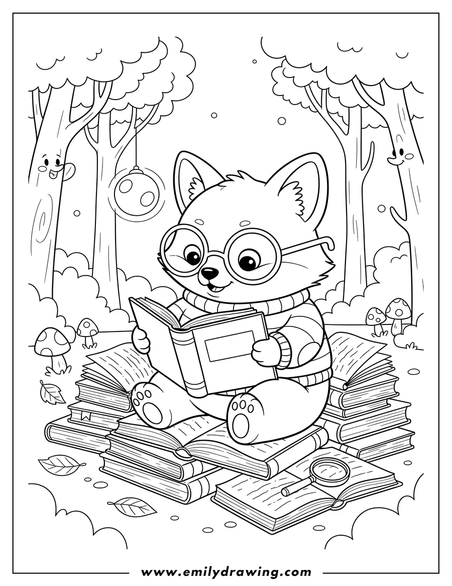 Simple sketch of cute nerdy fox pup sitting cross-legged reading books in a forest to color