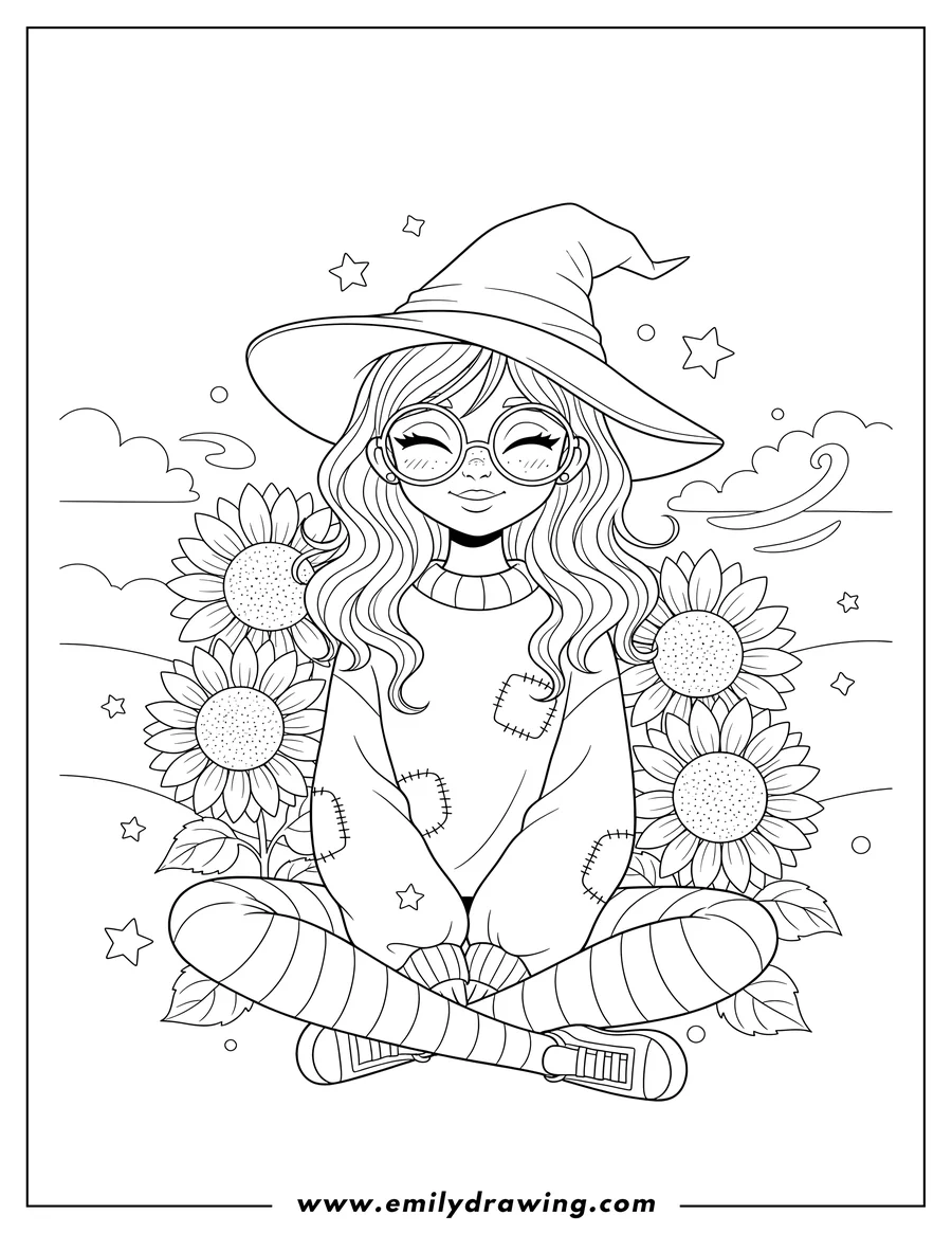 PDF style coloring page: nerdy girl wearing a witch hat and round glasses, sitting cross-legged with closed eyes, surrounded by sunflowers