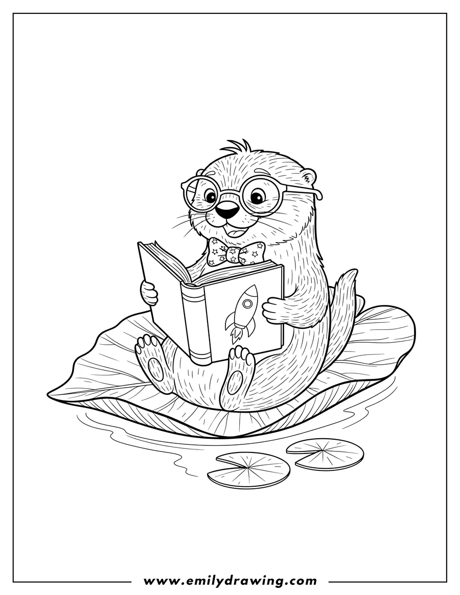 Printable line art of nerdy otter happily reading a book with both paws while floating on a large leaf