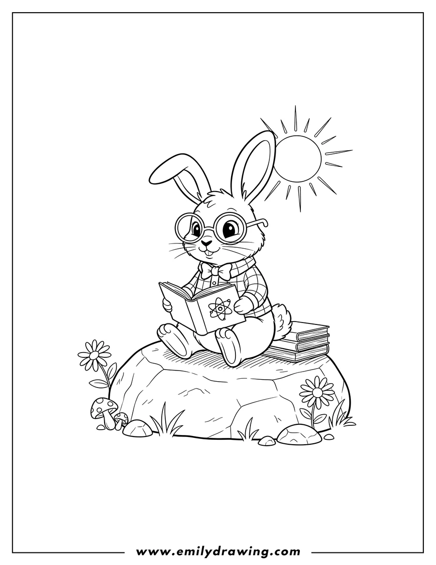 Doodle style coloring picture of nerdy Rabbit Sitting On Rock wearing a collared shirt
