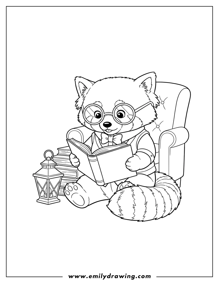 Printable line art of nerdy Red Panda sitting and reading an open book, with a lantern beside it
