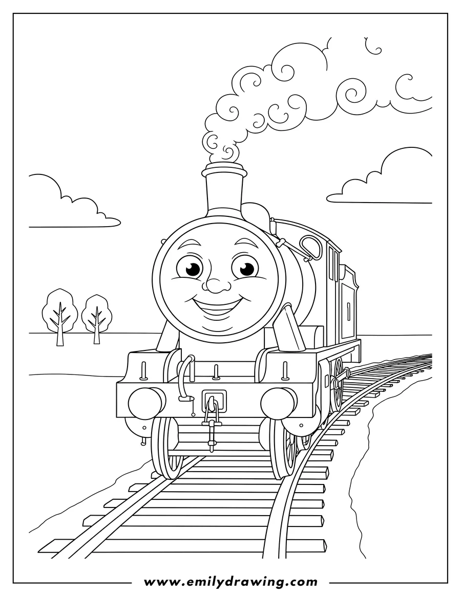 Simple sketch of neville the train smiling on tracks to color