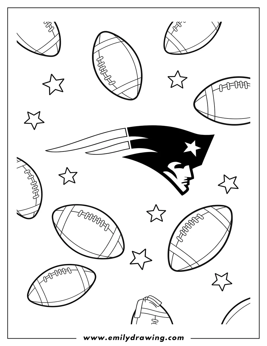Coloring sheet featuring new England Patriots Logo surrounded by footballs and stars