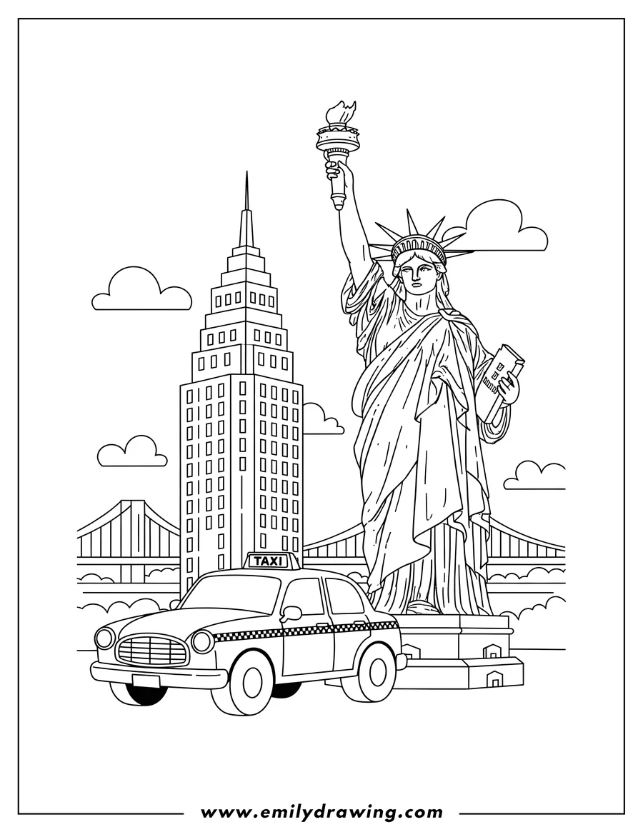 Printable line art of new York Elements with the Statue of Liberty, a yellow taxi, and a skyscraper