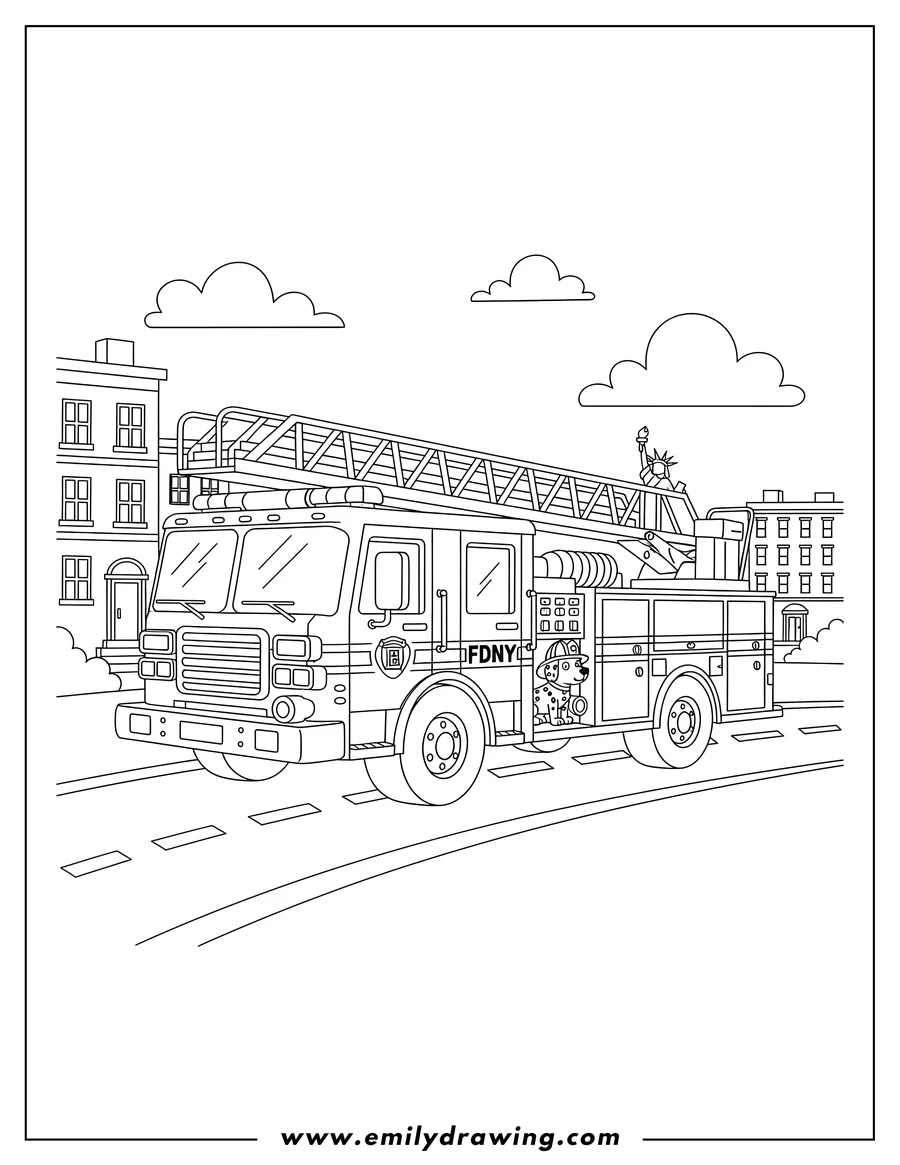 Printable line art of new York Fire Truck Scaled, a ladder truck, driving on a road
