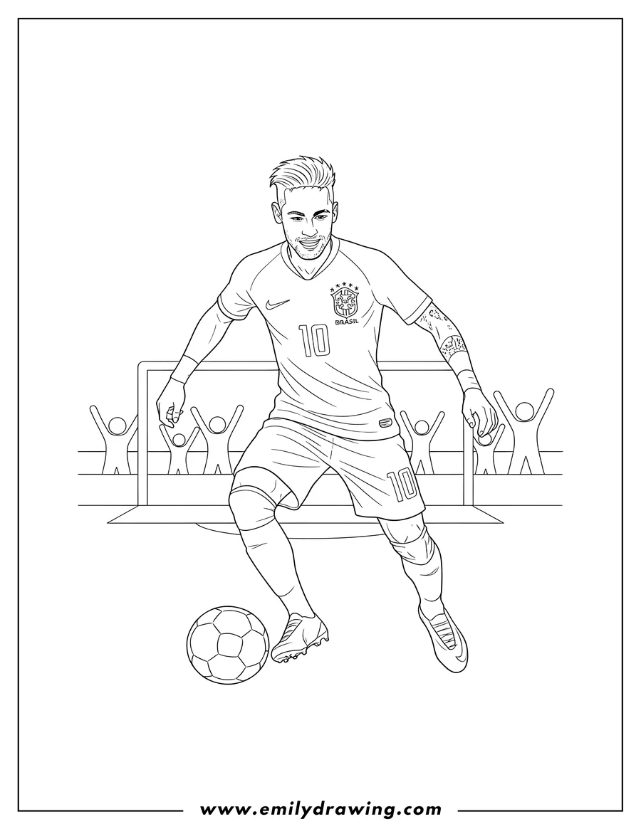 Linear illustration of neymar Brazilian Soccer Player To Color, wearing a number 10 Brazil jersey, in an athletic pose