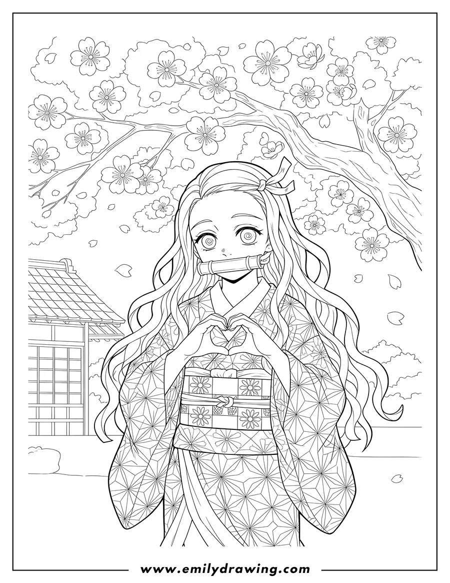 Full page coloring image of nezuko Kamado with a bamboo muzzle, wearing a patterned kimono, forming a heart with her hands