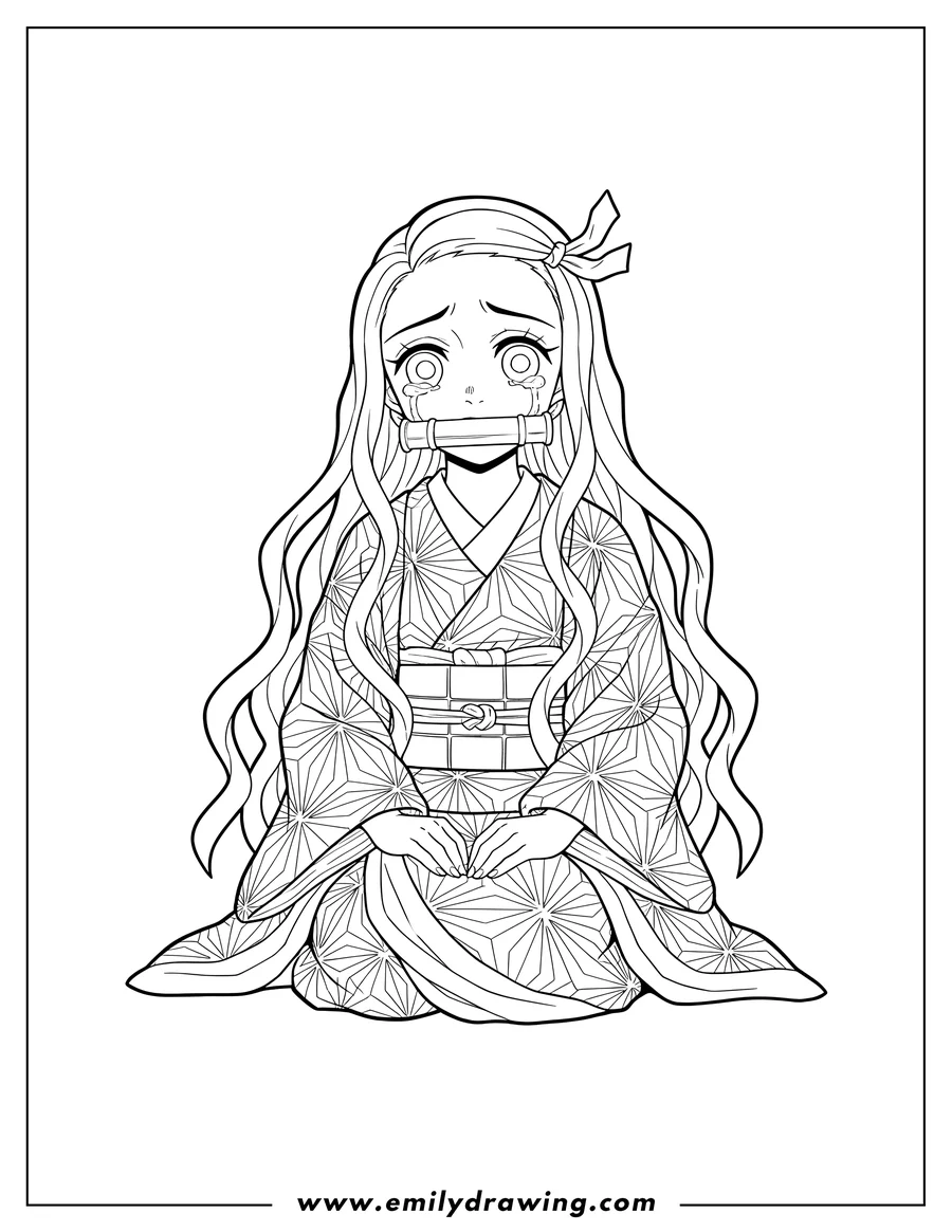Coloring page for kids: nezuko Kamado Tears, with bamboo muzzle, sitting