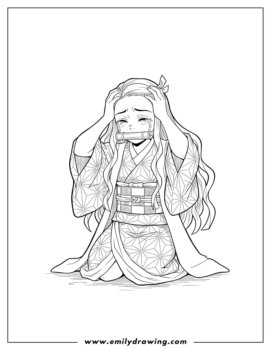Downloadable coloring page of nezuko kneeling, holding head with a bamboo muzzle while crying