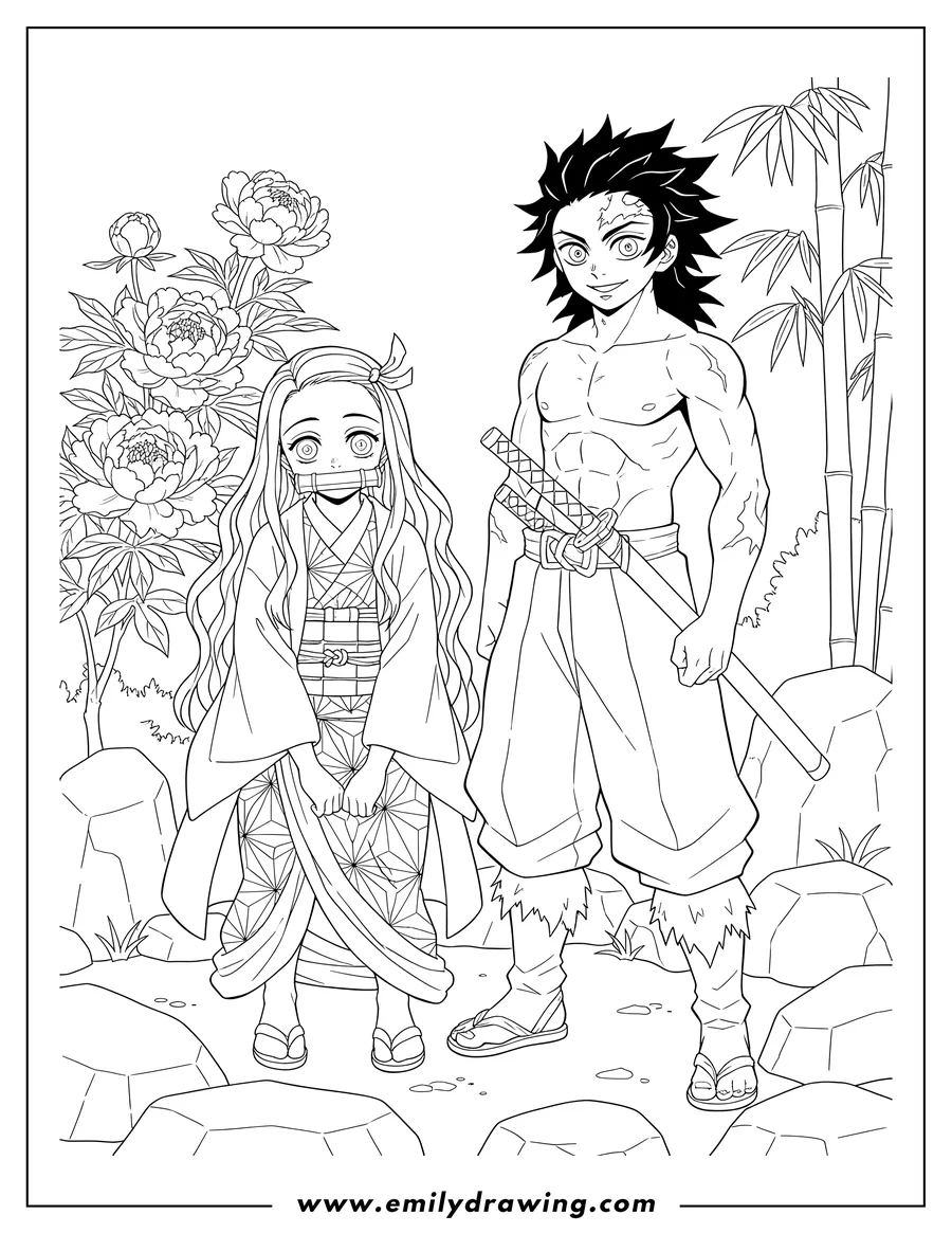 Coloring page of nezuko crouching with bamboo muzzle next to shirtless Inosuke, face visible, in a garden