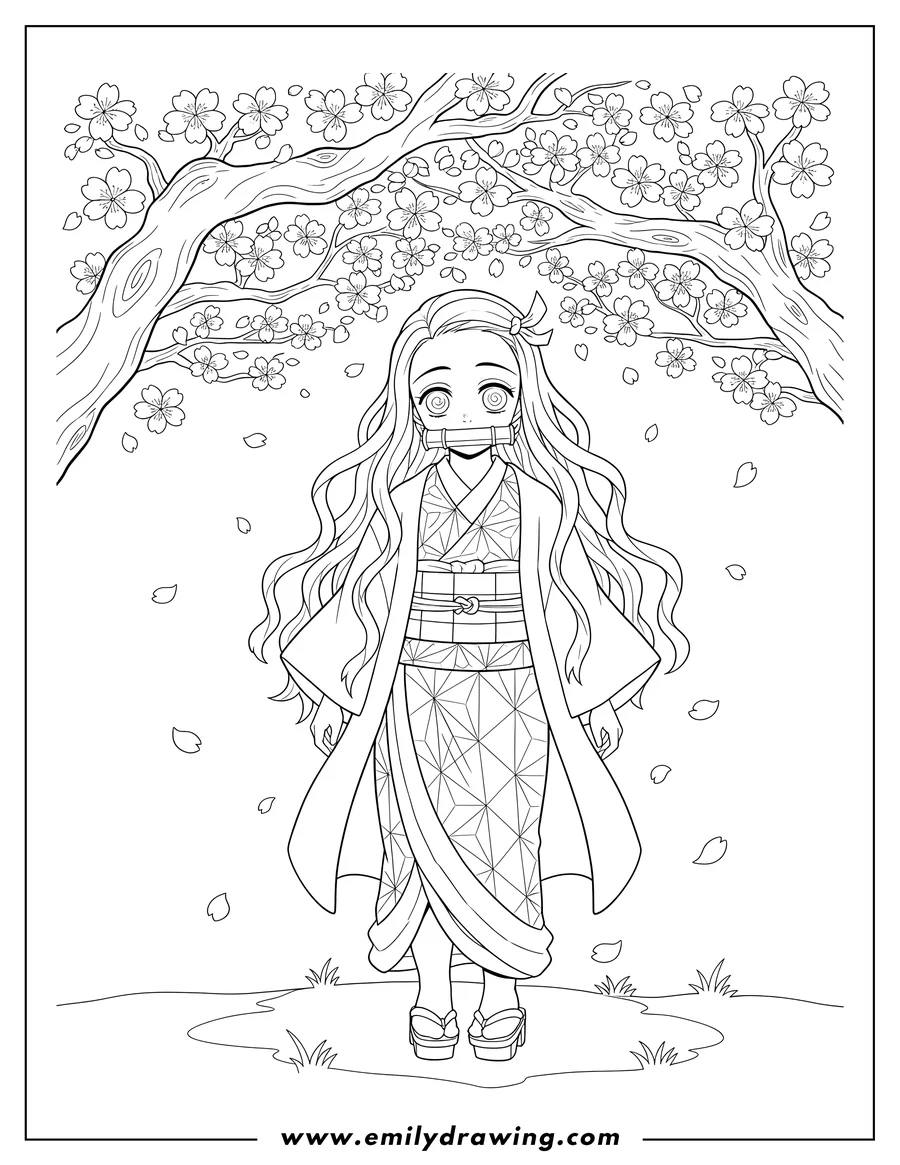 Clean line drawing: nezuko with bamboo muzzle, standing under cherry blossoms