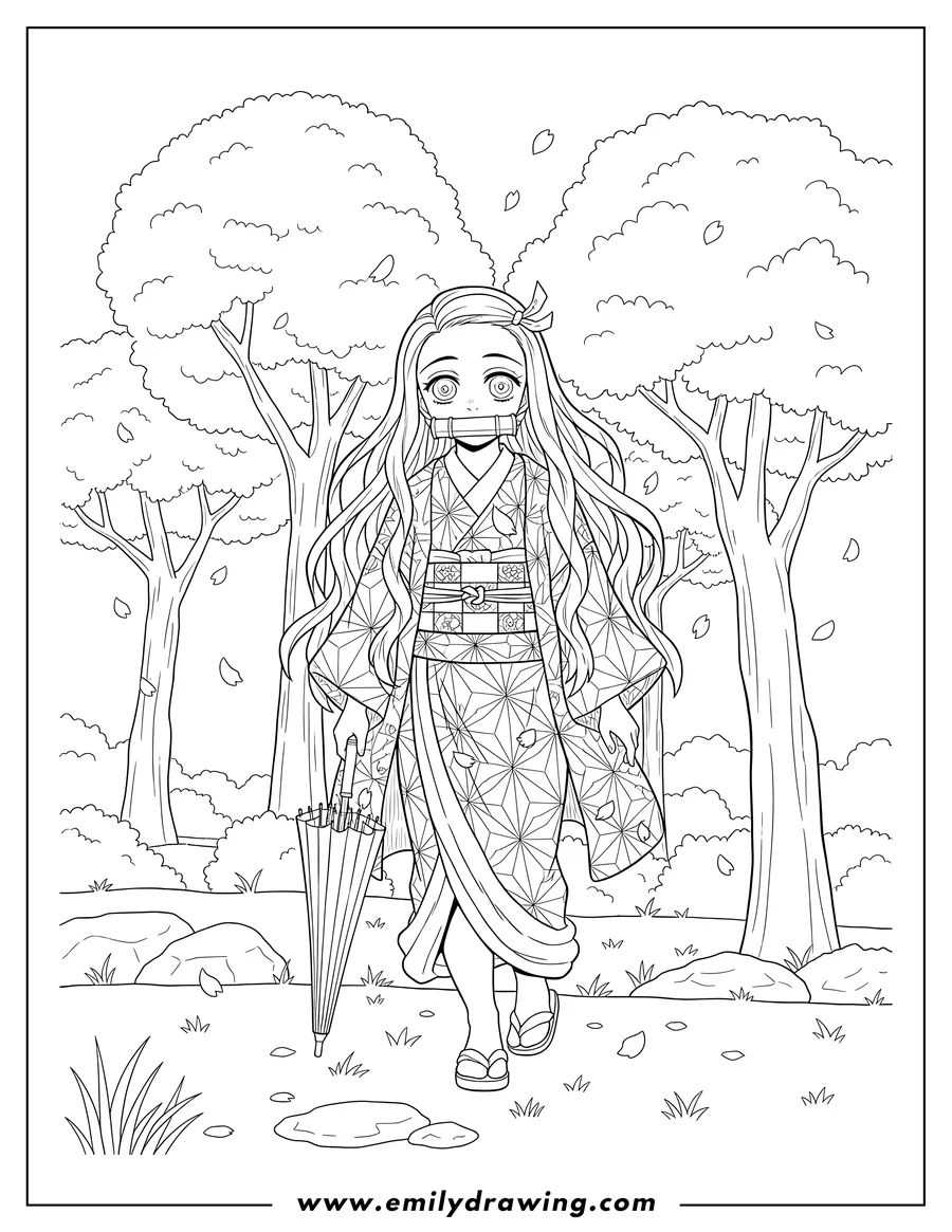 Coloring page for kids: nezuko wearing a kimono and bamboo muzzle, walking in a garden with falling cherry blossoms