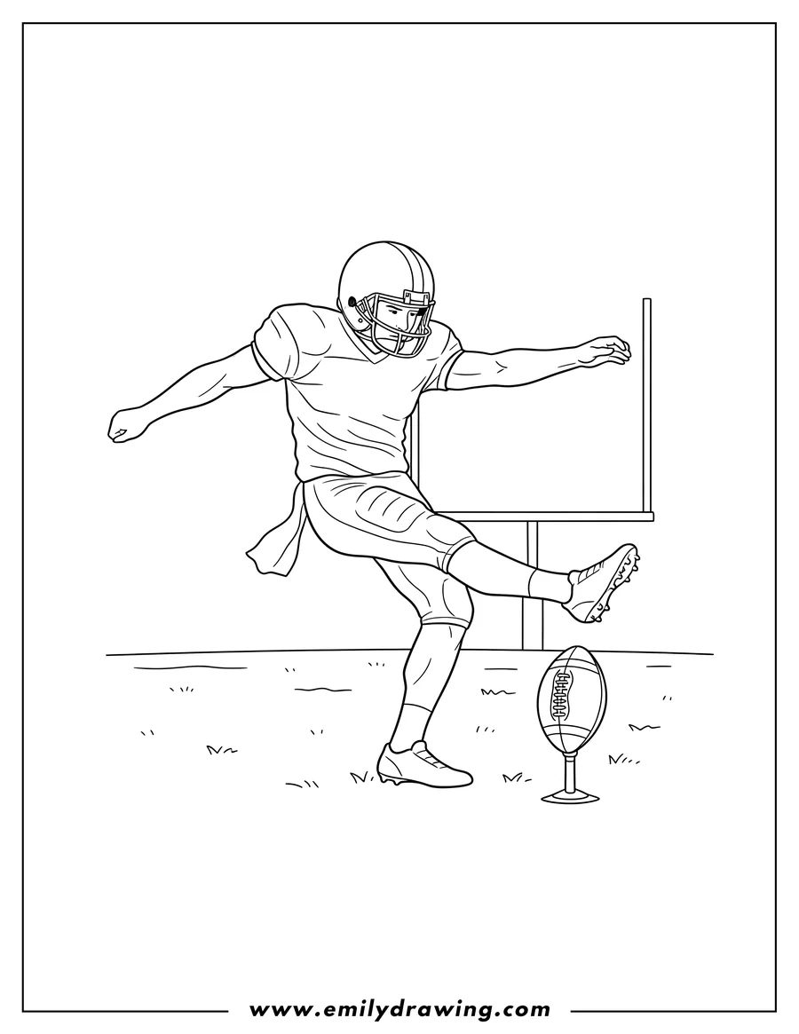 Clean line drawing: nfl Football Kicker wearing a helmet, kicking a football