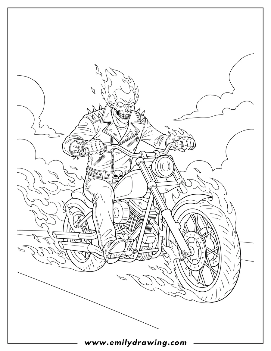 Full page coloring image of nicholas Cage as Ghost Rider, stern face, in a leather jacket, on a flaming motorcycle