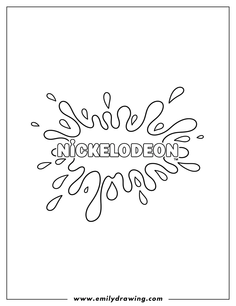 Coloring page of nickelodeon Logo within a slime splash with small slime splatters