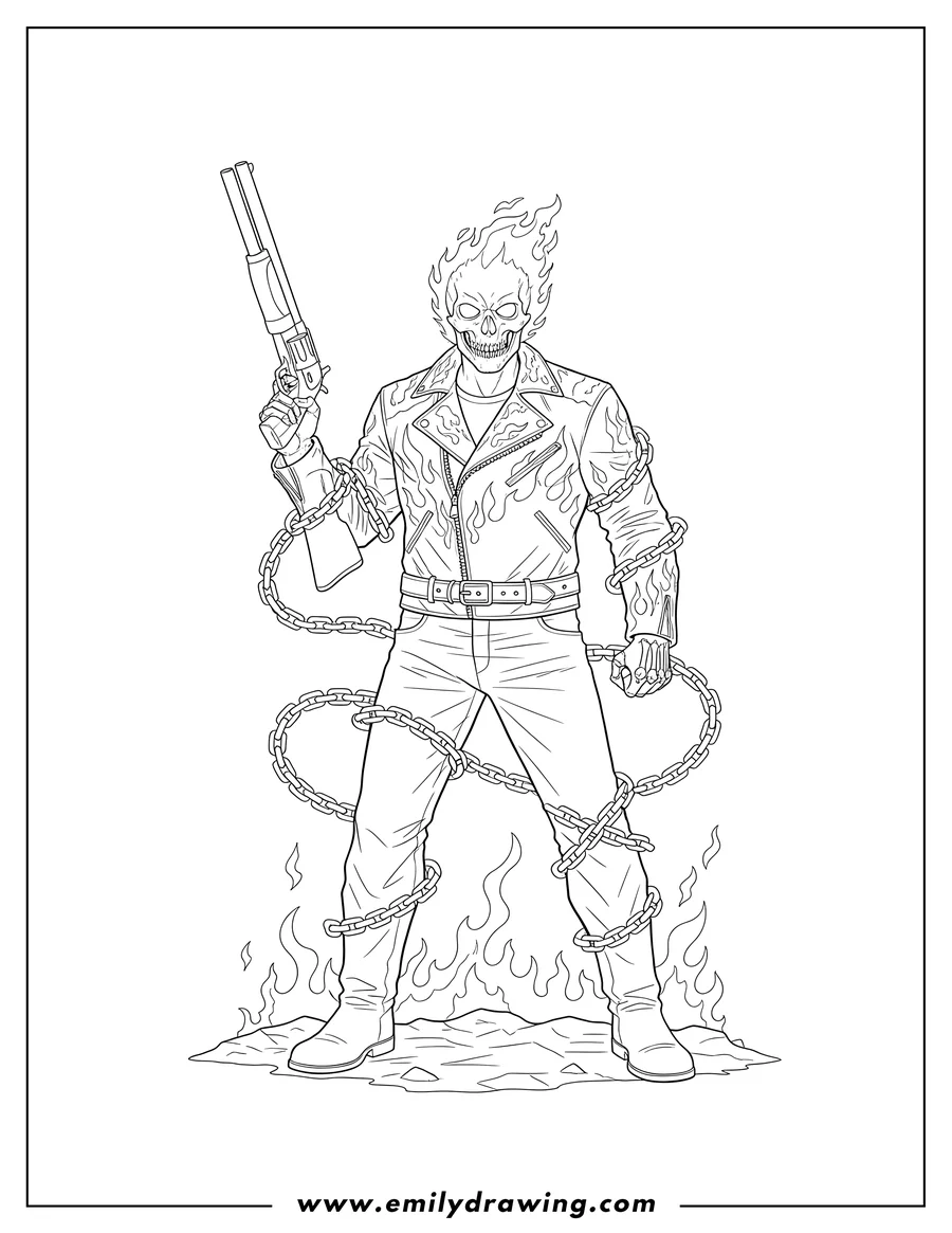 Downloadable coloring page of nicolas Cage Ghost Rider wearing a leather jacket and chains, holding a shotgun