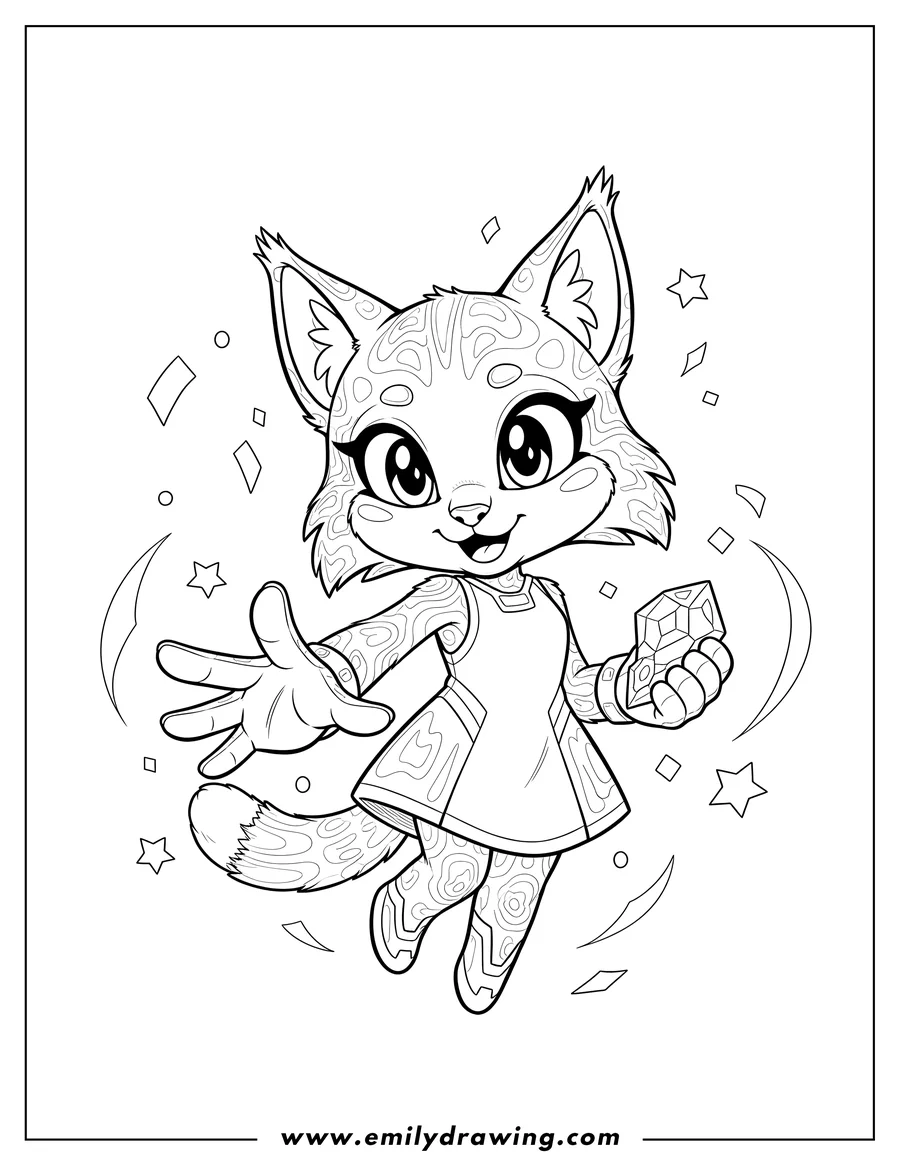 Full page coloring image of cute Nicole Holo Lynx smiling and reaching out, with digital confetti