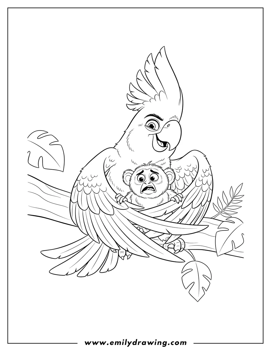 Simple sketch of nigel the mischievous cockatoo holding a scared Mauro the marmoset in his feathers to color