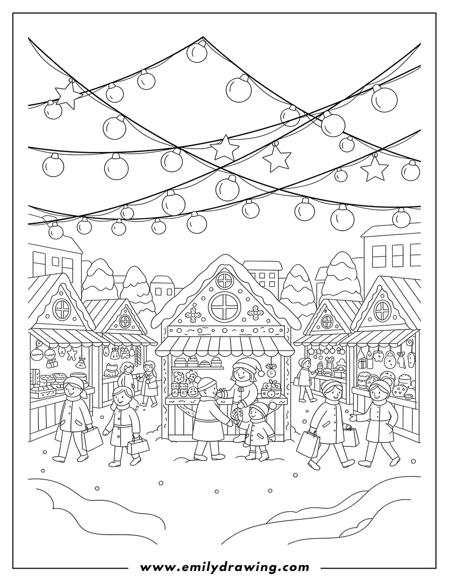 Printable coloring page of christmas Lights Hanging Over Night Market with shoppers at market stalls