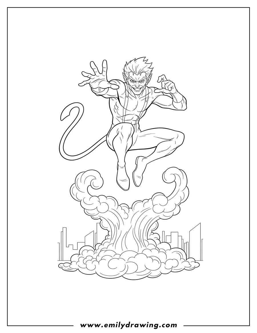 Full page coloring image of nightcrawler Leaping Above Smoke with an outstretched arm and a mischievous grin