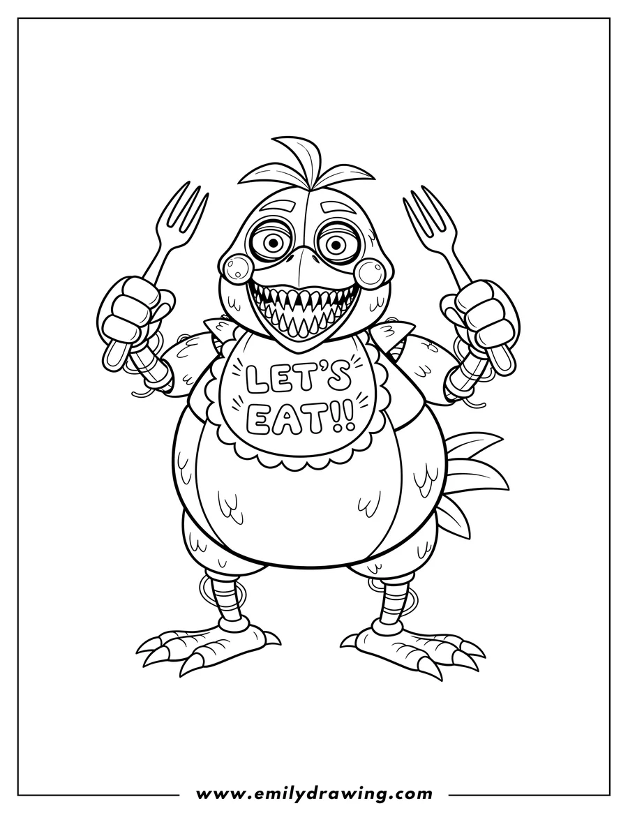 Free printable coloring sheet of nightmare Chica holding forks and wearing a bib that says LET'S EAT!!!