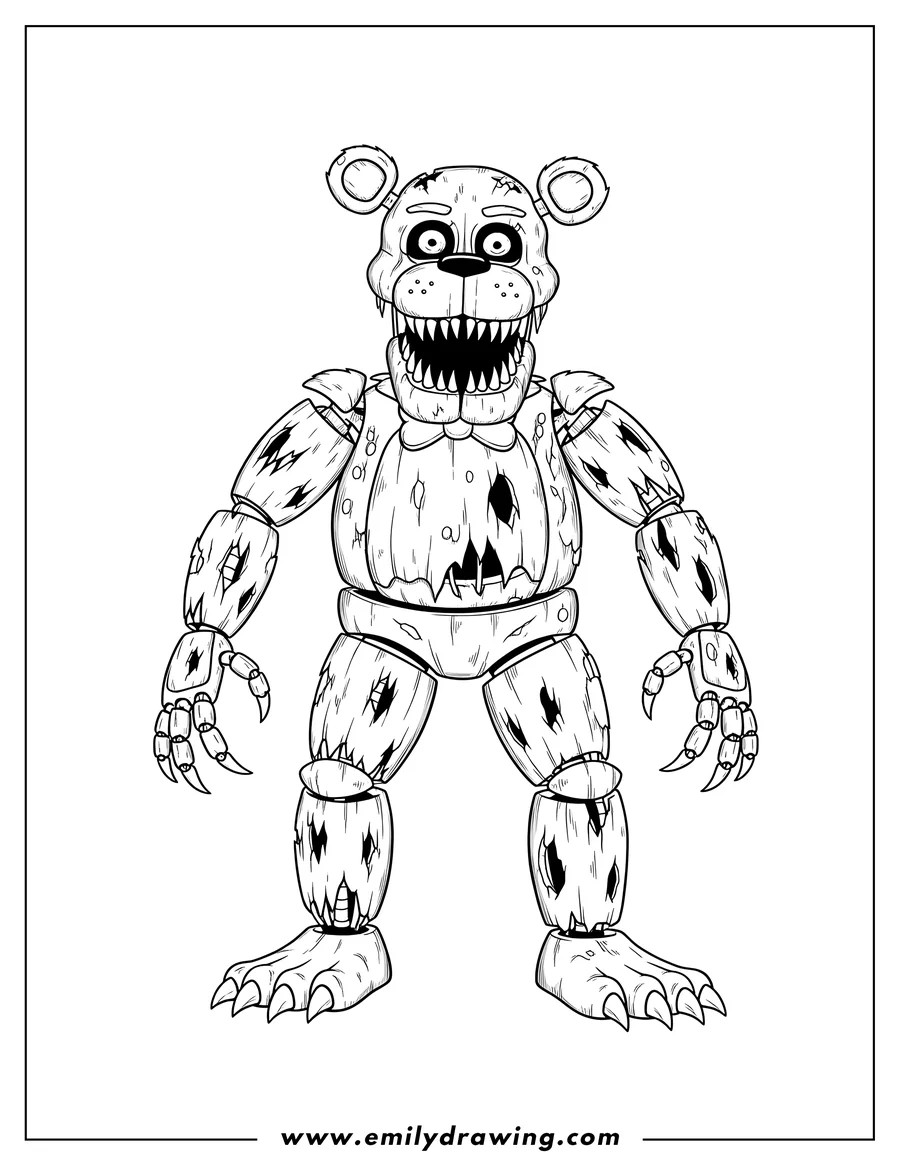 Doodle style coloring picture of nightmare Fredbear with torn body and sharp teeth