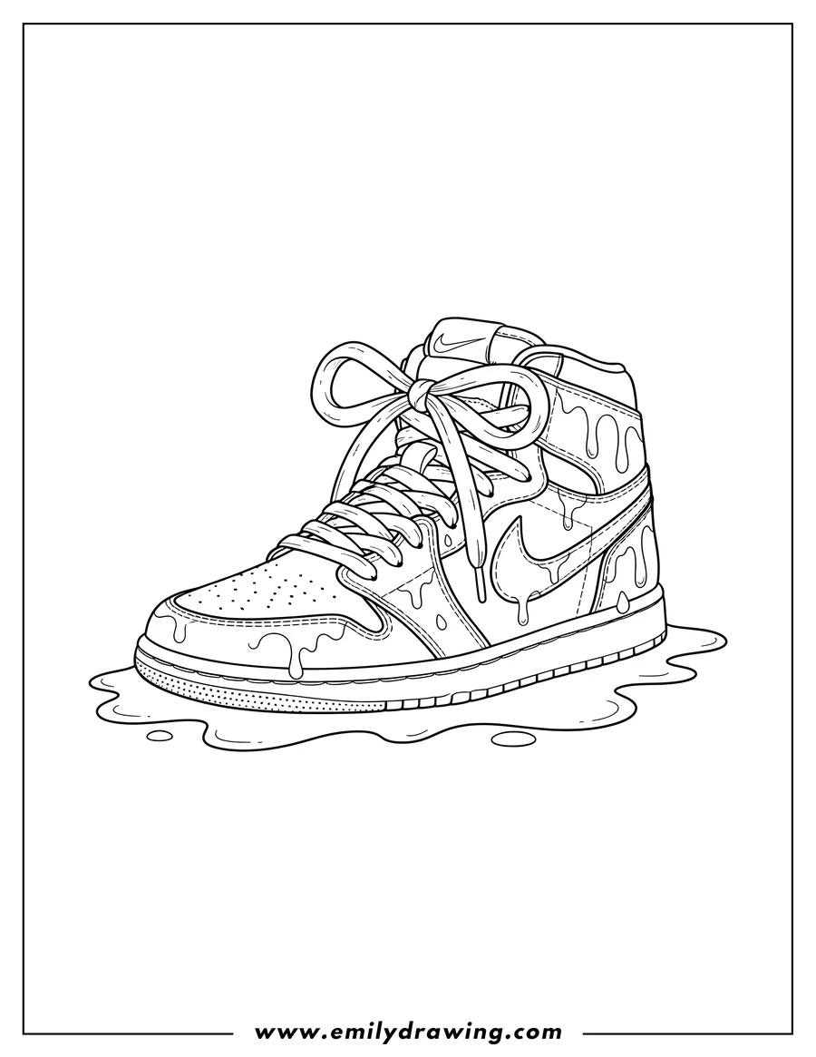 PDF style coloring page: nike Air Jordan Melting Paint, a high-top sneaker with drips