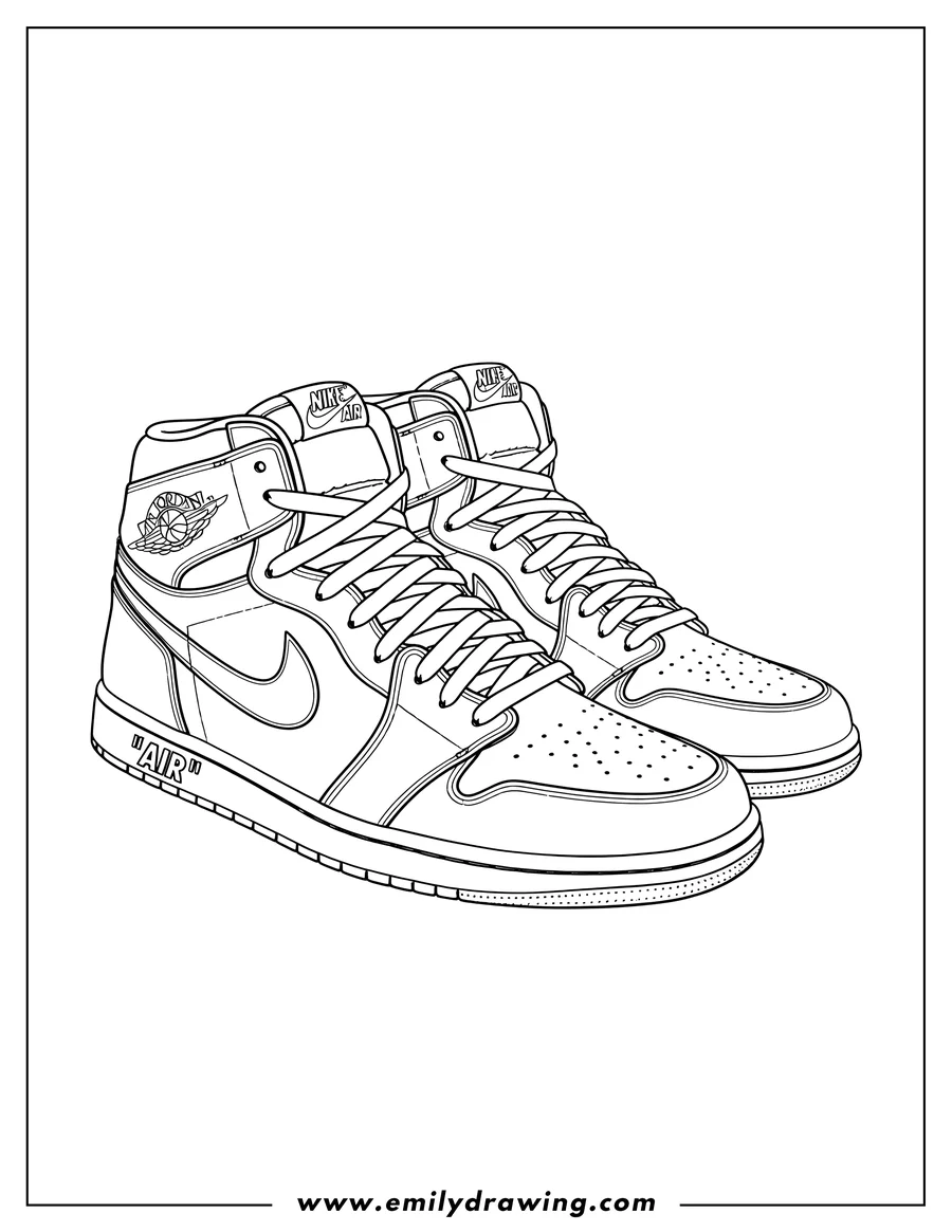 Outline drawing of nike Air Jordan high-top shoes, with laces and AIR text