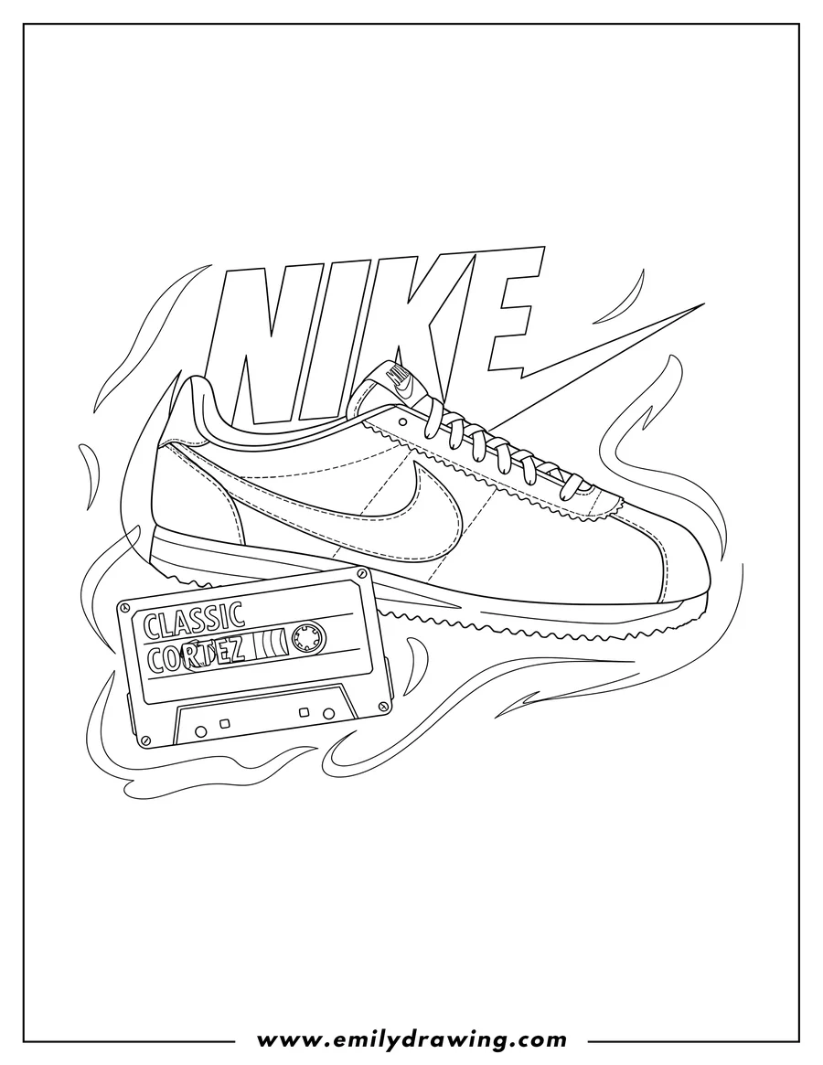 Free printable coloring sheet of nike poster with a Cortez sneaker and a cassette tape labeled 'CLASSIC CORTEZ'