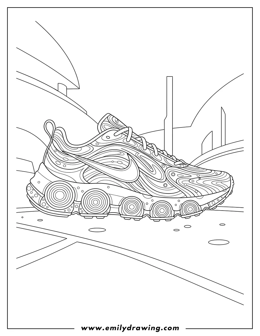 Clean line drawing: nike Sneaker With Wavy Design and Circular Sole Patterns Futuristic Background