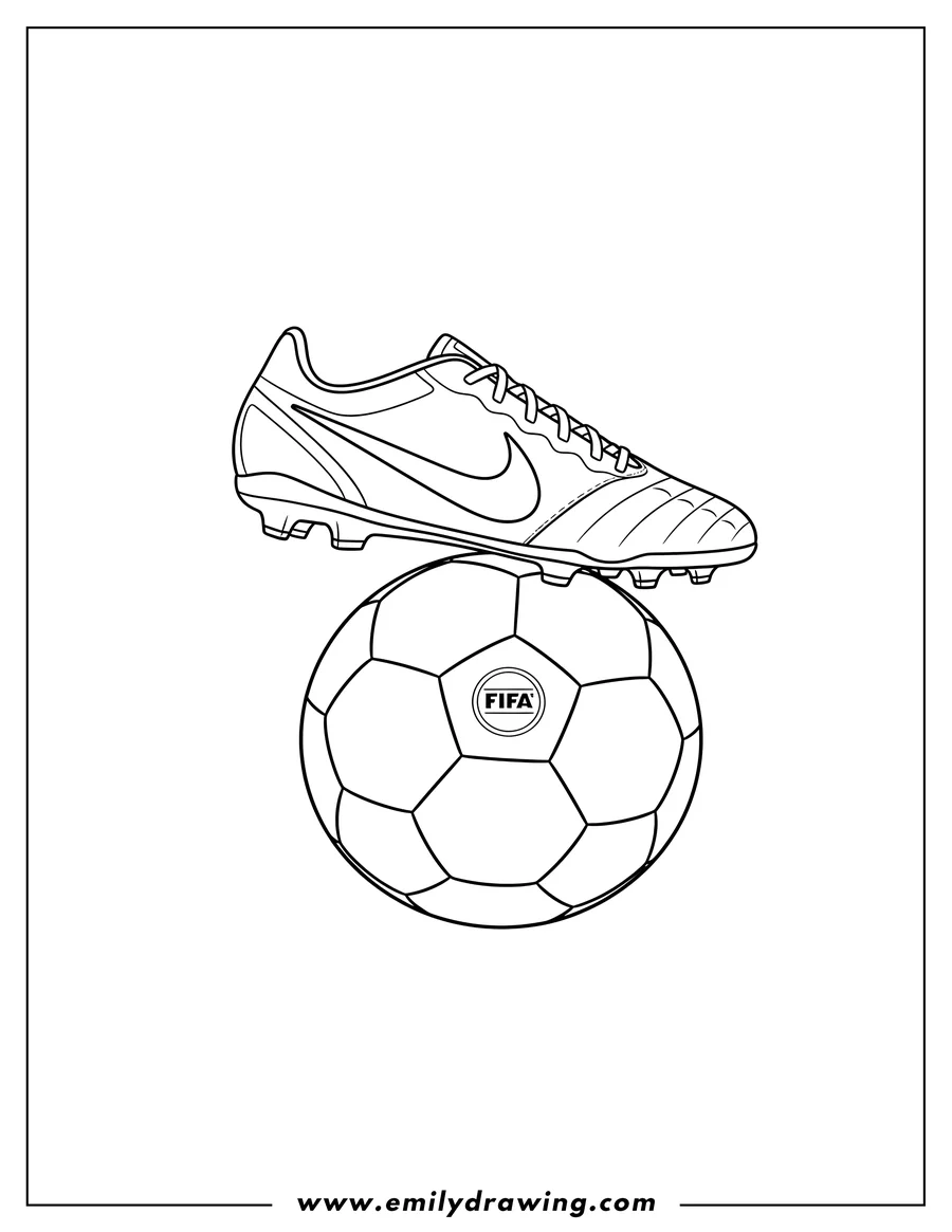 Coloring page of nike Soccer Boots And Ball To Color, with a foot resting on the ball, featuring Nike and FIFA logos