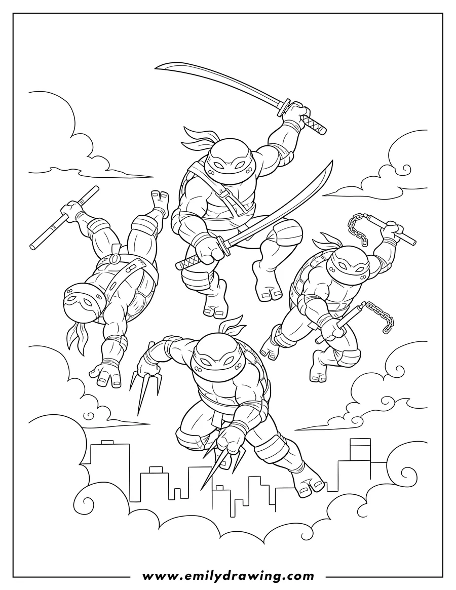 PDF style coloring page: ninja Turtles descending from the sky, wielding katanas and sais in an action pose