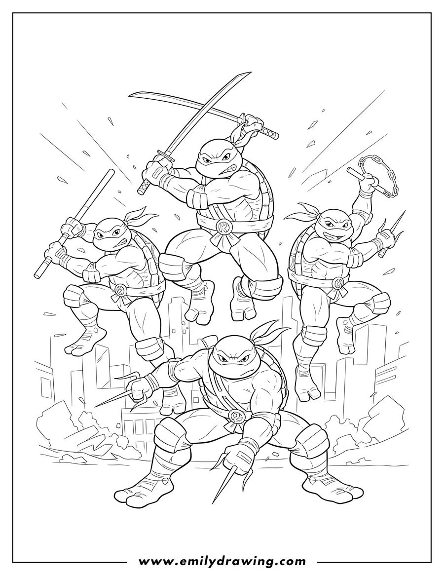 Printable line art of all four Ninja Turtles Superheroes in a dynamic action pose with their weapons