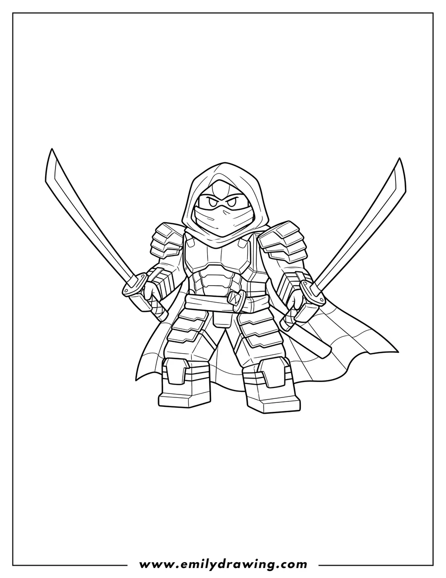 Outline drawing of roblox Ninja Skin wearing armor and holding two swords
