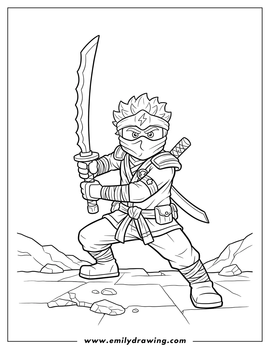 Free to print drawing of ninjago Jay Walker Outline, holding a sword in a ready stance