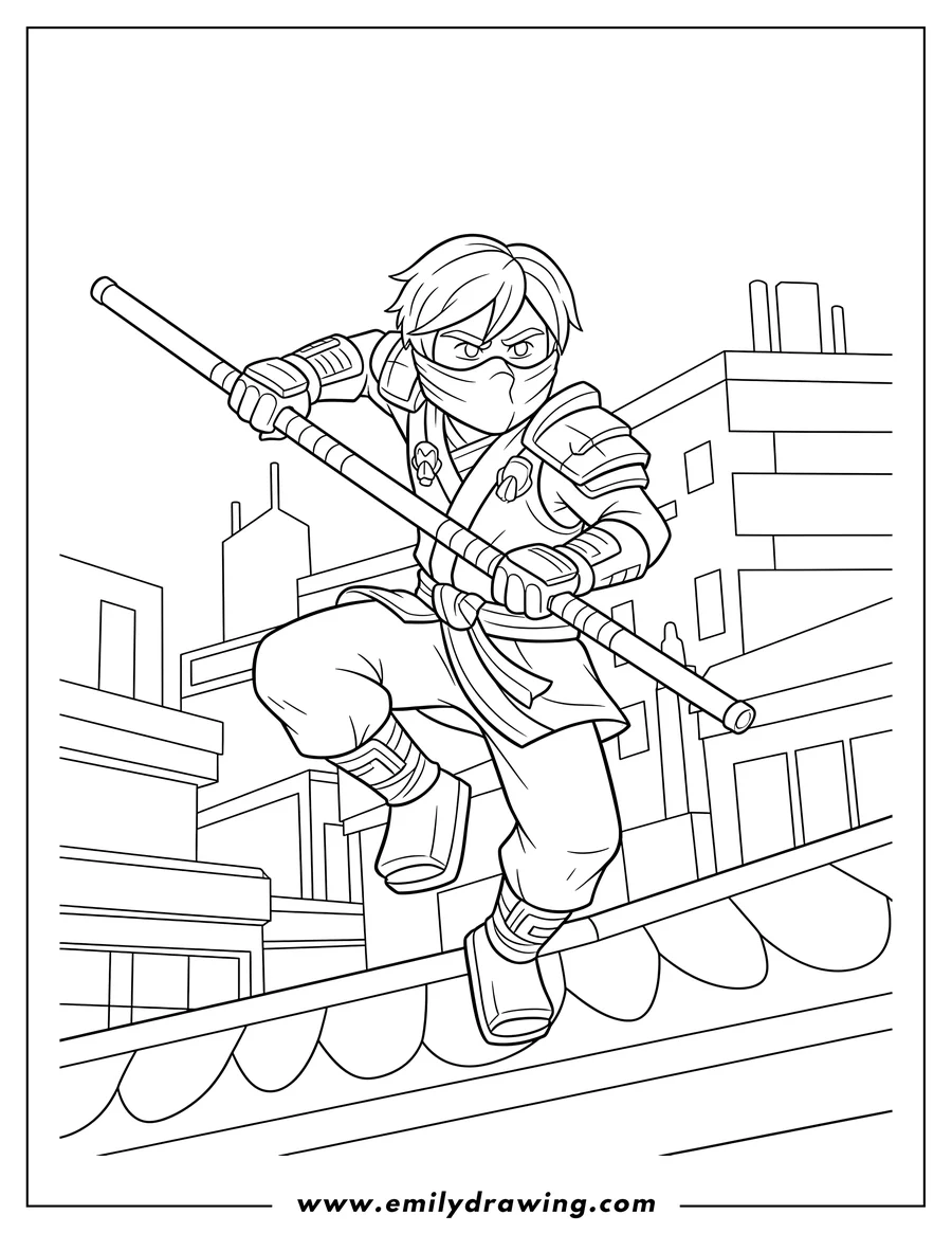 Clean line drawing: ninjago Lloyd fighting in city, jumping and holding a staff