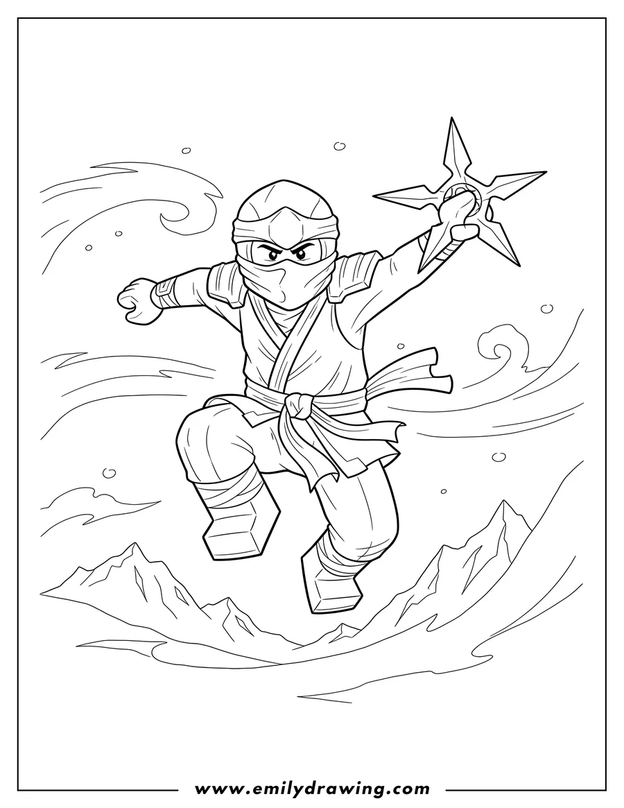 PDF style coloring page: ninjago White Ninja Zane holding a shuriken and leaping