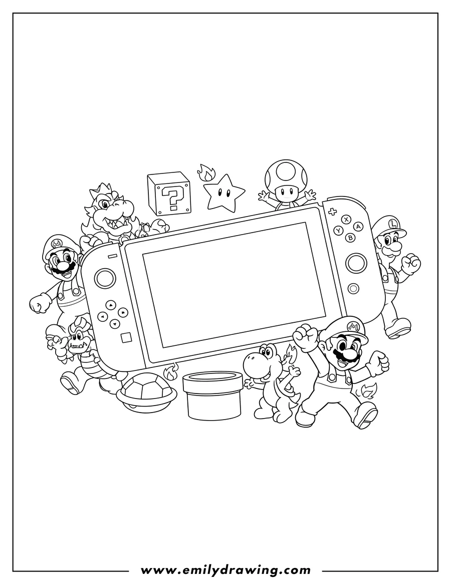 Doodle style coloring picture of nintendo Switch surrounded by Super Mario characters and items