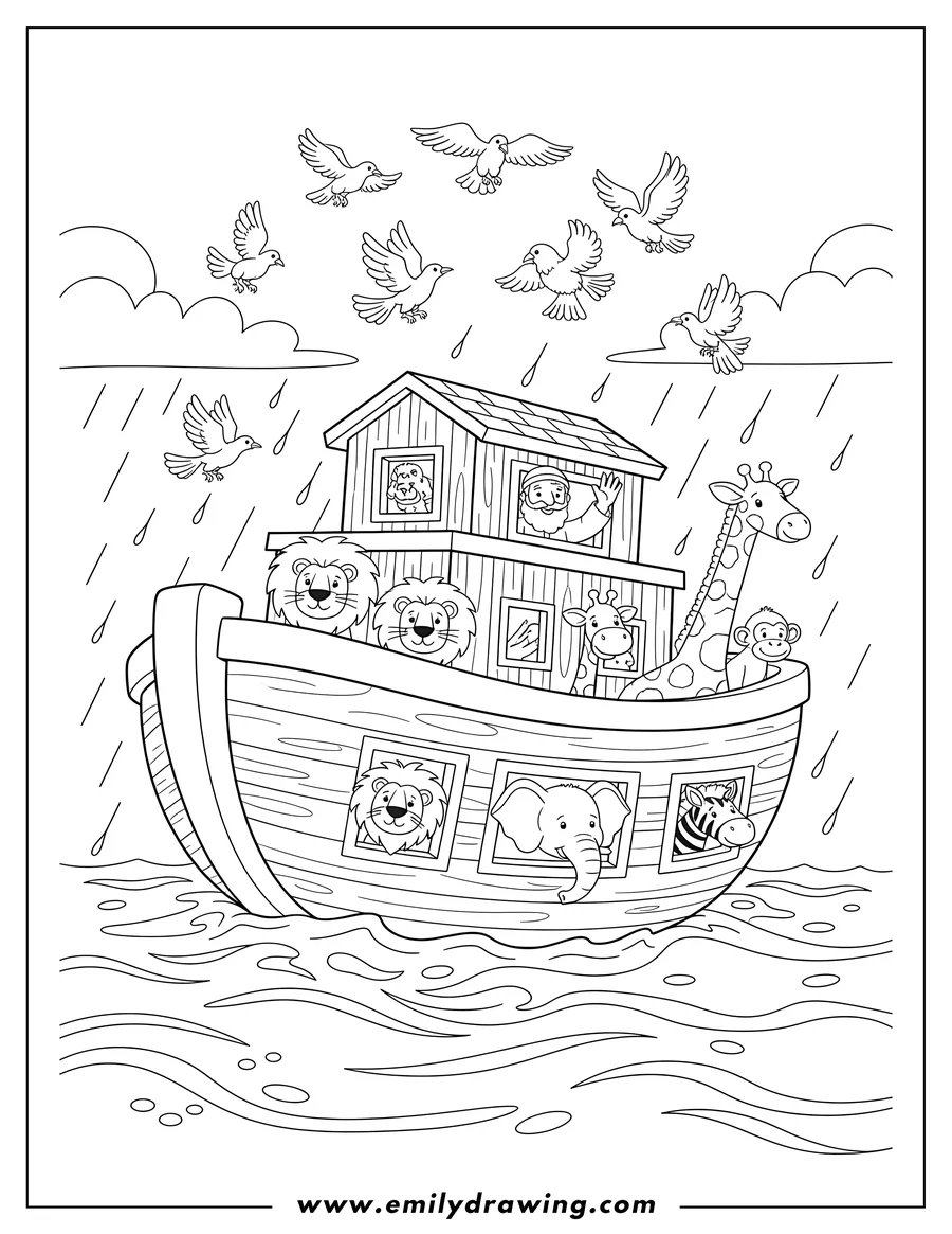 Coloring page for kids: noah And Animals On Ark During Flood, with Noah and various animals peeking out from the ark's levels, and birds flying overhead