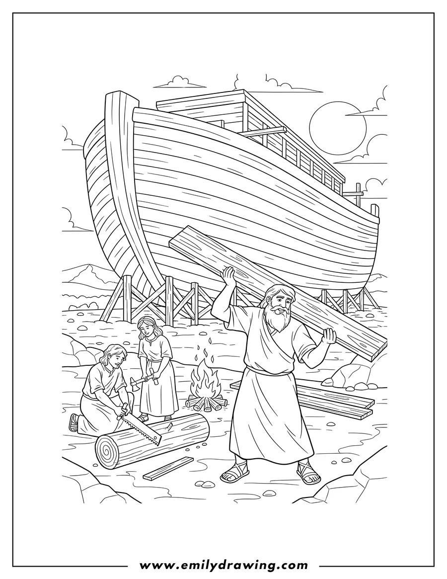 Full page coloring image of noah And His Family Building Ark, with Noah carrying a large plank and family members cutting wood near a fire