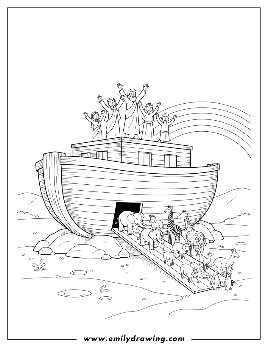 Free to print drawing of noah and his family standing on top of the ark with arms raised, as animals disembark after the flood