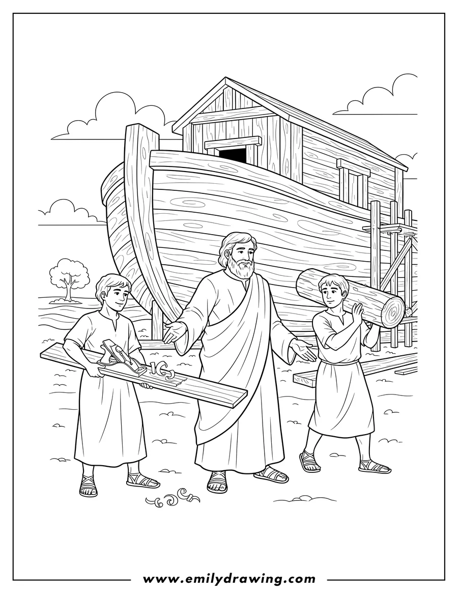 Linear illustration of noah watching as his sons build the ark, one planing wood and another carrying a log
