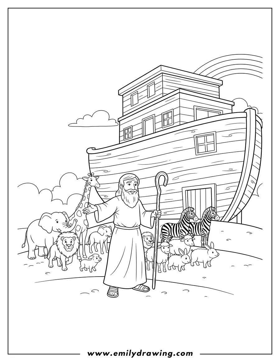 Printable line art of noah with outstretched arm and staff leading animals into Ark