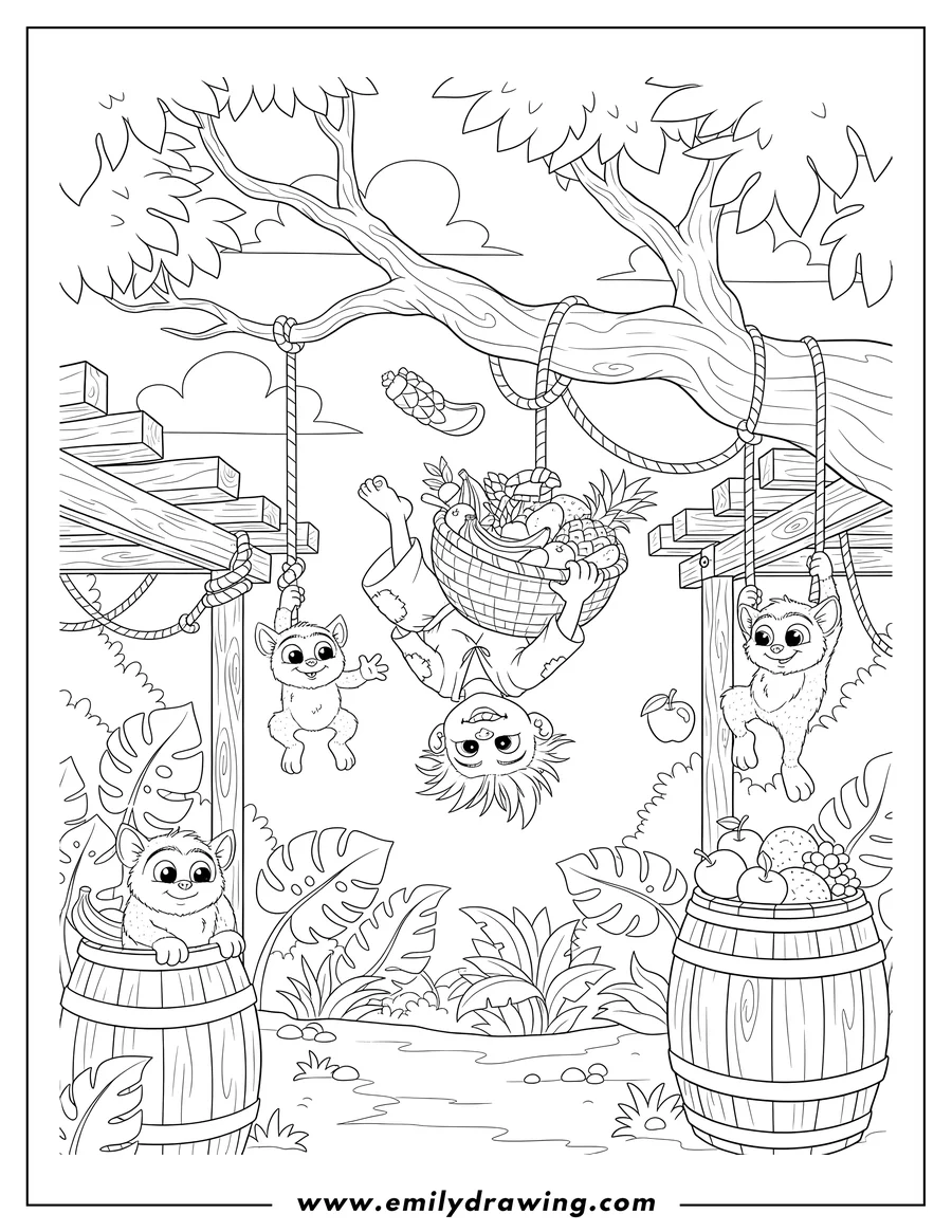 Coloring sheet featuring noi stealing fruits while upside down, with playful Ongis hanging from ropes and peeking from barrels