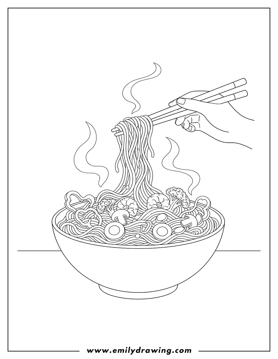 Coloring page for kids: chinese noodles in a bowl with chopsticks