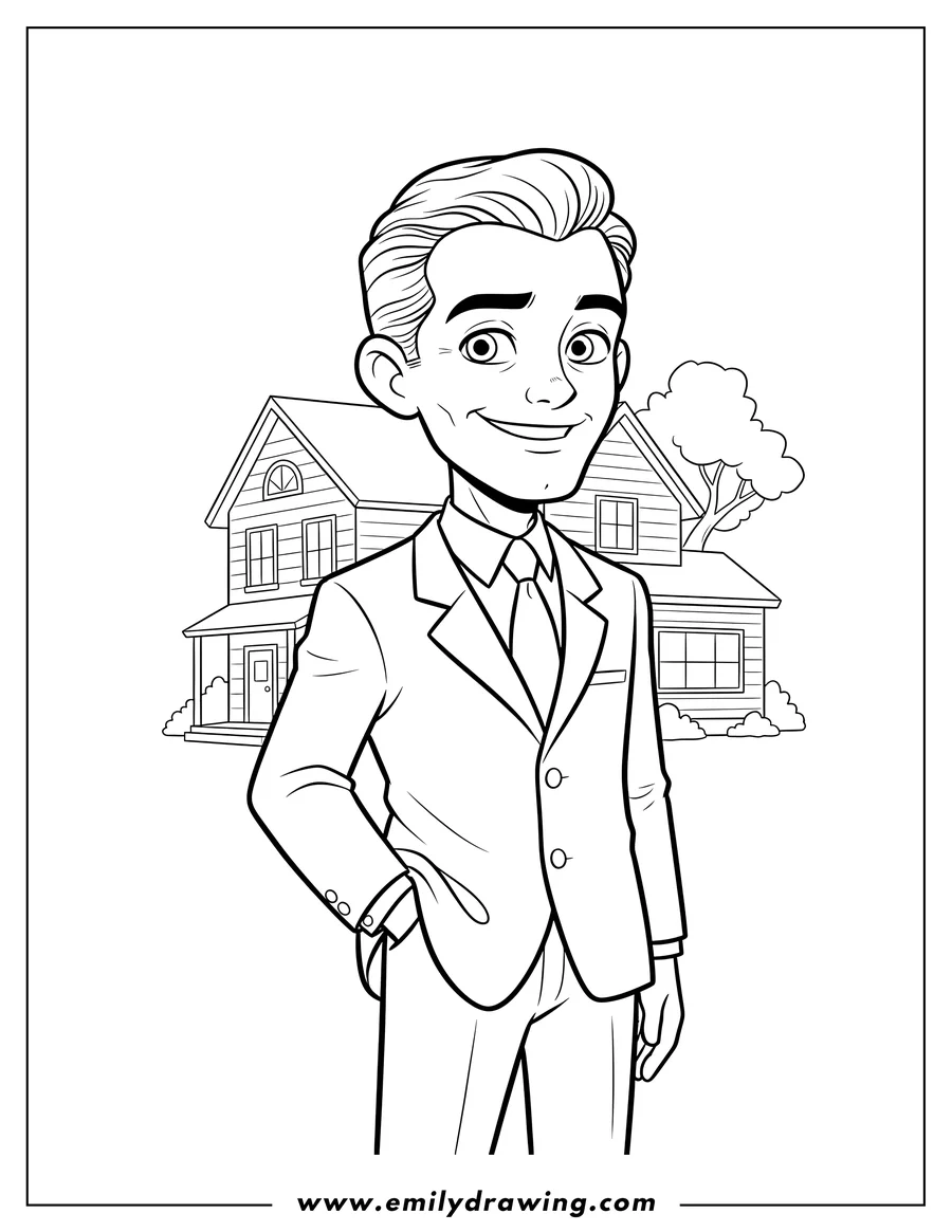 Outline drawing of norman Bates Horror Character with a sly smile